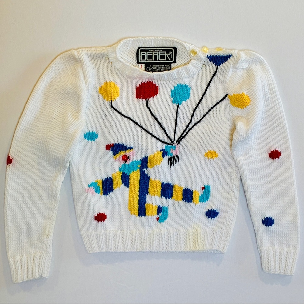 BEREK Whimsical Clown Sweater with Balloon Design Quality Hand Knitted Kids sz 6